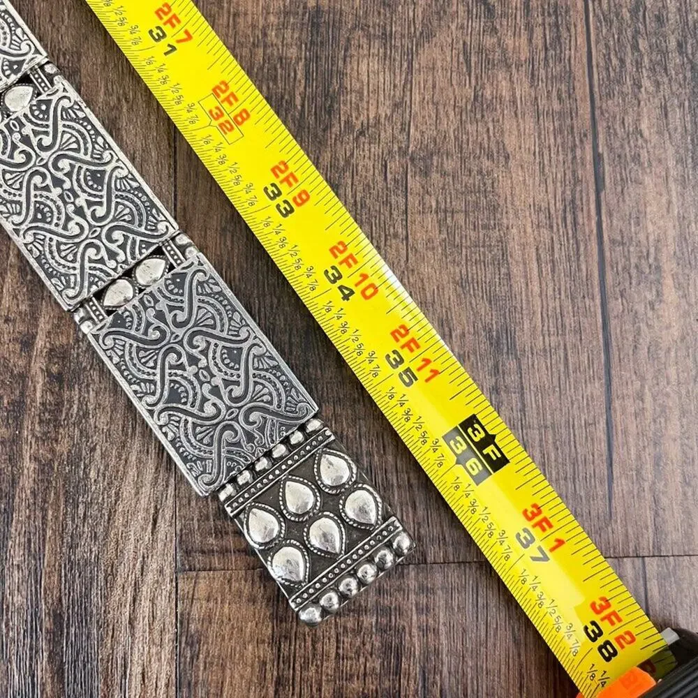 Beaded Metal Stretch Belt Hip Slung Embossed Boho Bohemian Size L/XL Silver Blk